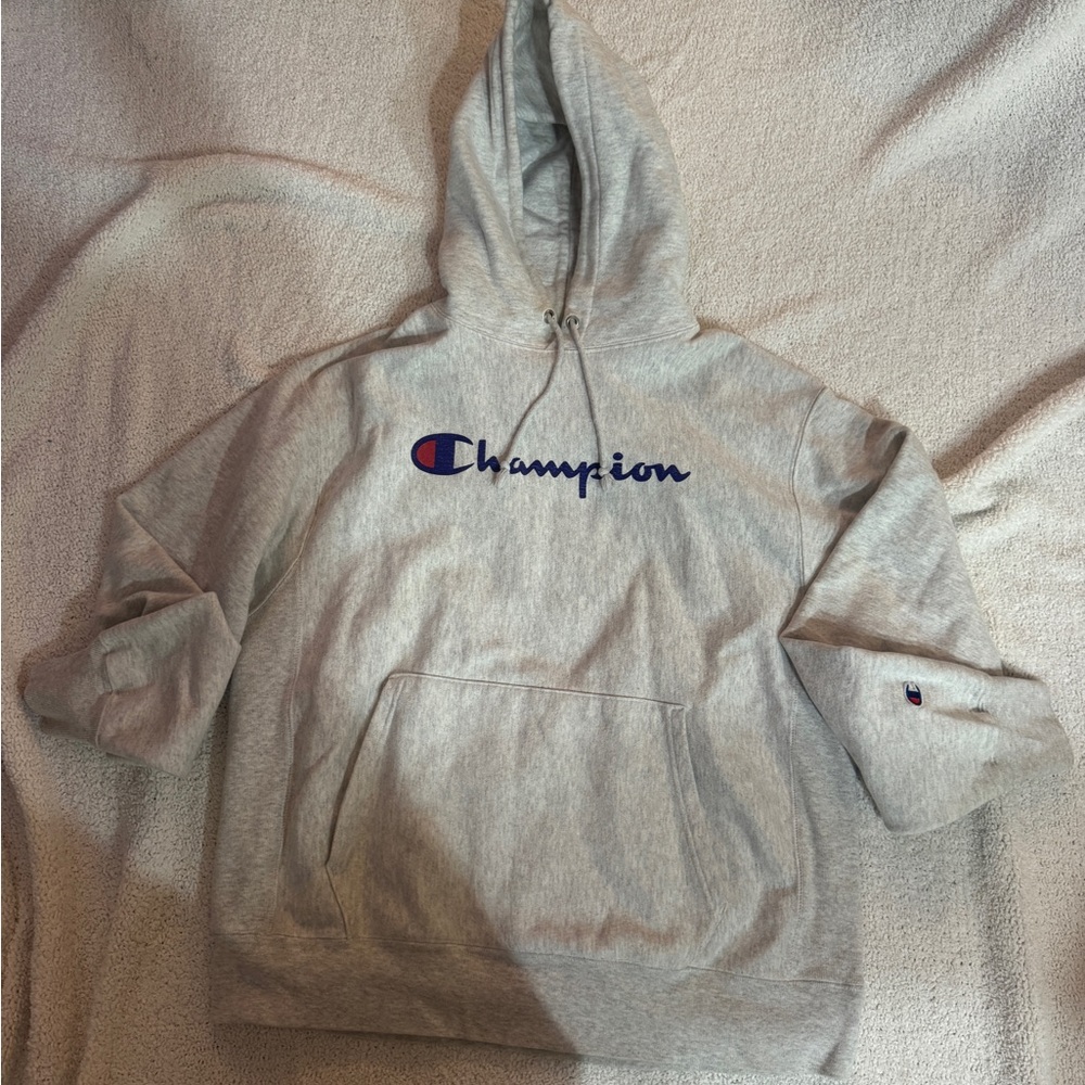 Champion Light Gray Hoodie with Blue Logo